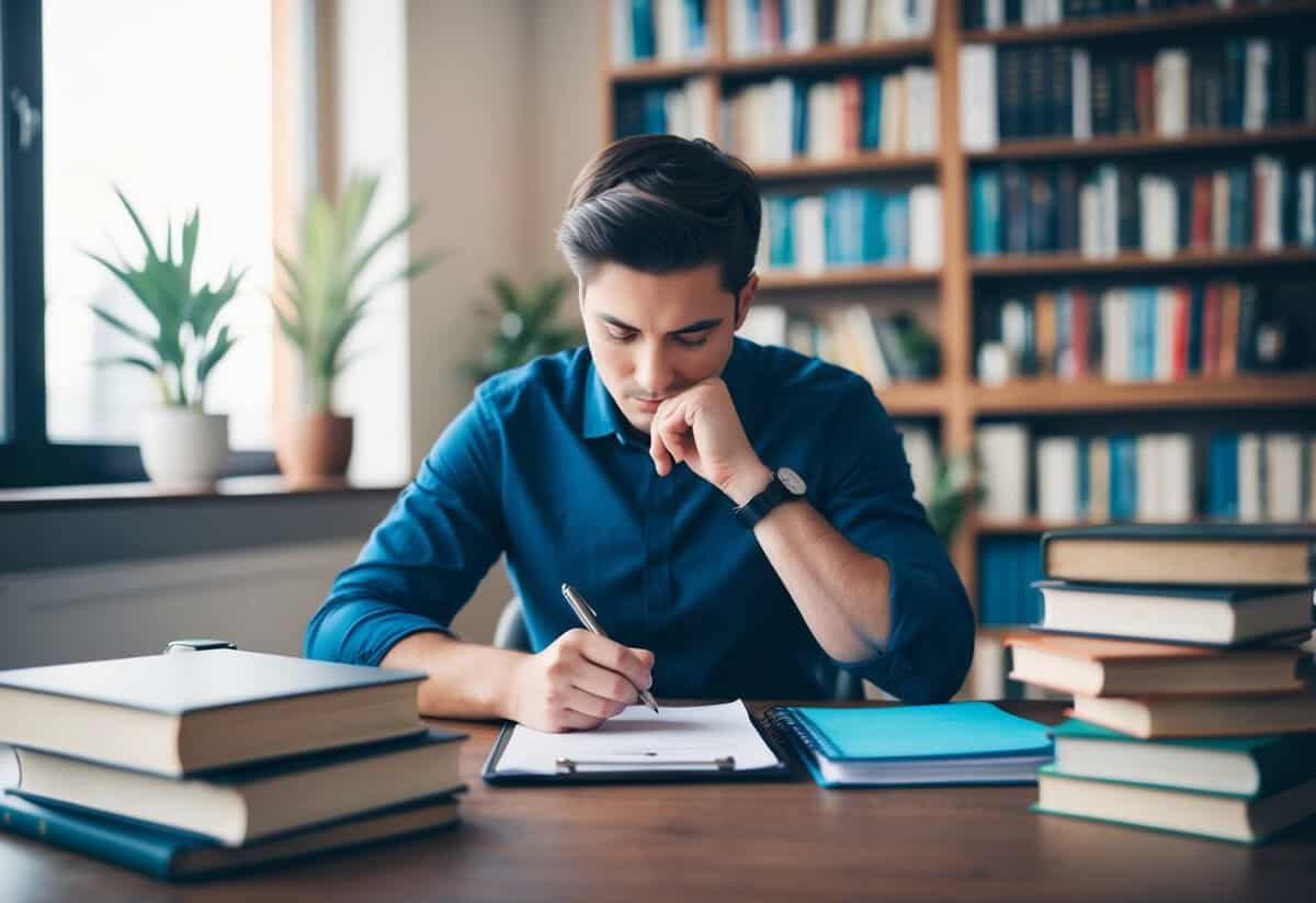 A person sitting at a desk with a pen and paper, surrounded by books and notes, deep in thought while brainstorming wedding vows