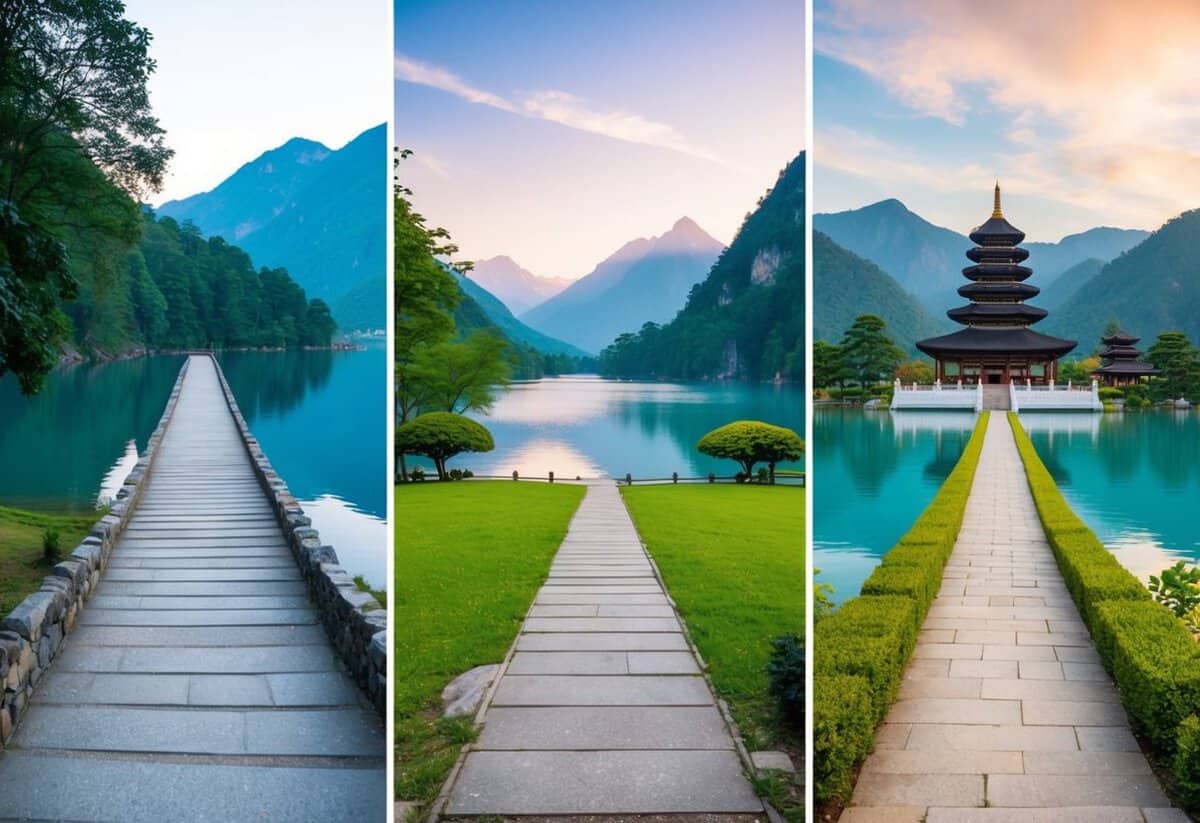A serene mountain landscape with three separate paths leading to a tranquil lake, a peaceful garden, and a sacred temple