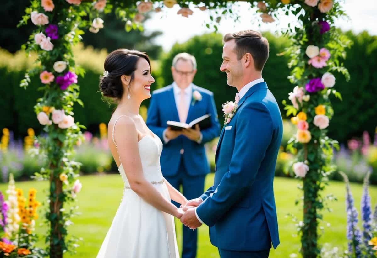 A bride and groom stand facing each other in a beautiful garden setting, surrounded by colorful flowers and greenery. They exchange vows with smiles on their faces