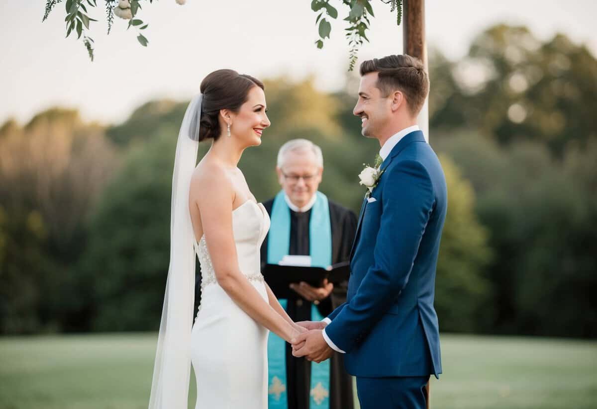 A bride and groom standing facing each other with a celebrant or officiant presiding over the wedding ceremony