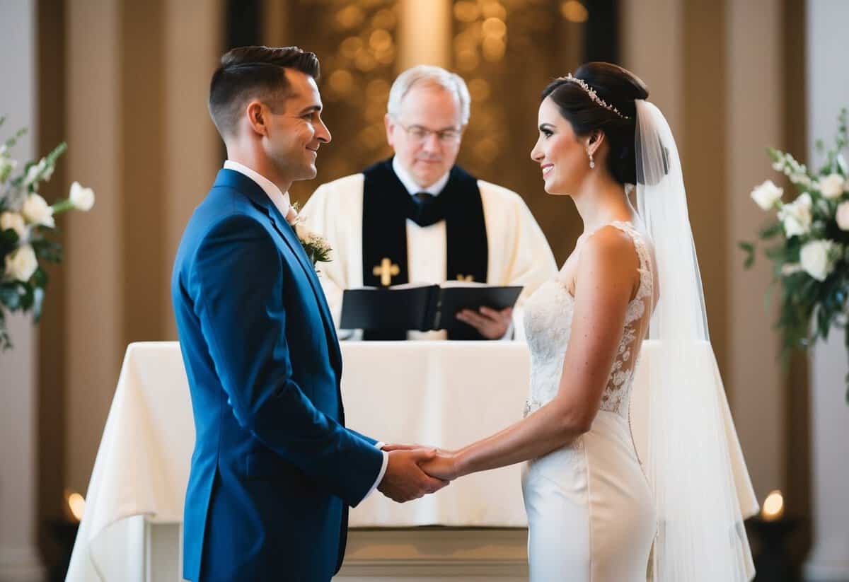 A bride and groom standing at the altar, facing each other, with a minister officiating the wedding ceremony