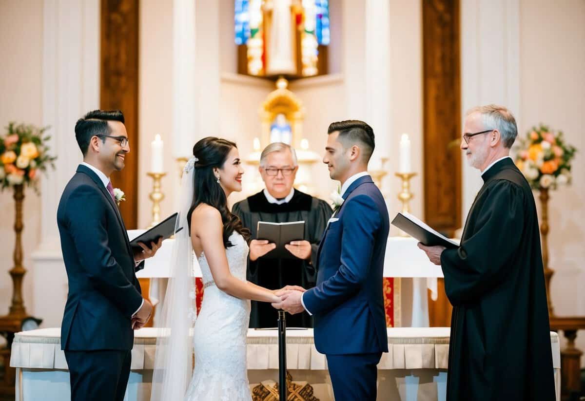 A couple stands at the altar, facing two officiants. One holds a legal document, the other a religious text. The couple exchanges vows, symbolizing the union of civil and religious marriage