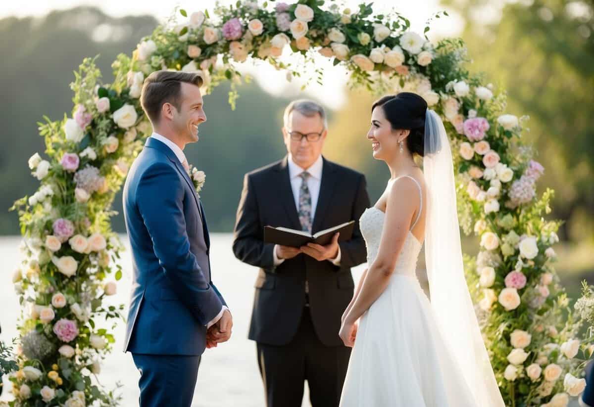 A bride and groom standing in front of a floral archway, facing each other with the officiant in the center, exchanging vows