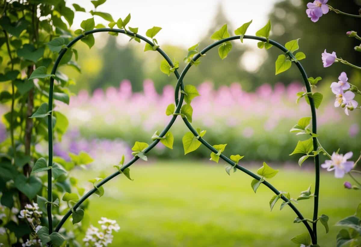 A serene garden with two intertwined vines forming a heart shape, surrounded by blooming flowers and a gentle breeze