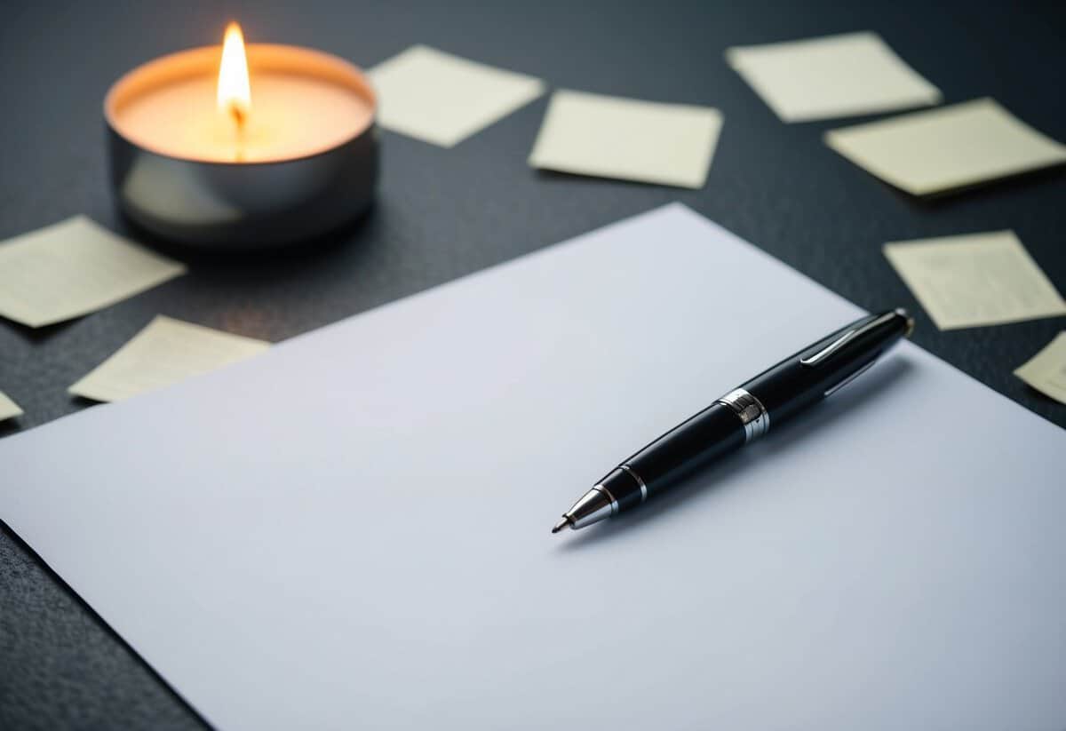 A pen poised over a blank sheet of paper, surrounded by scattered notes and a flickering candle