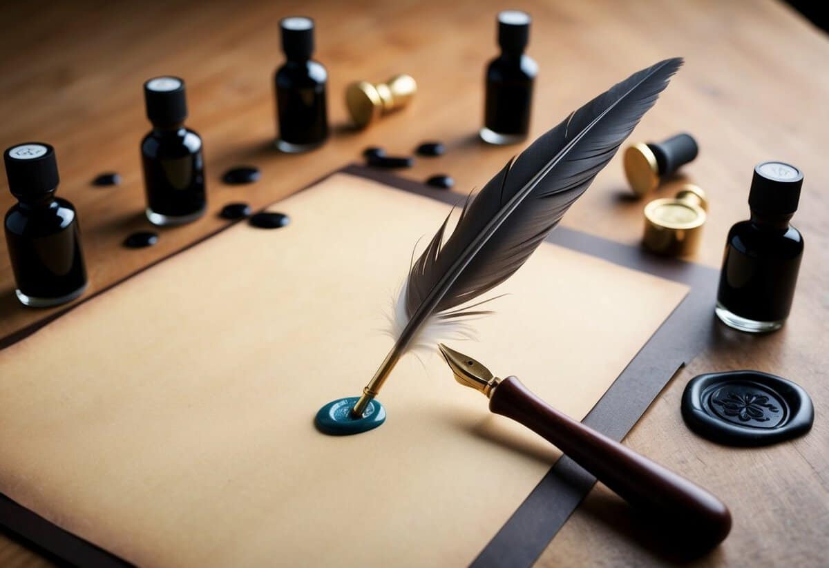 A quill pen poised over a blank parchment, surrounded by scattered ink bottles and a wax seal stamp