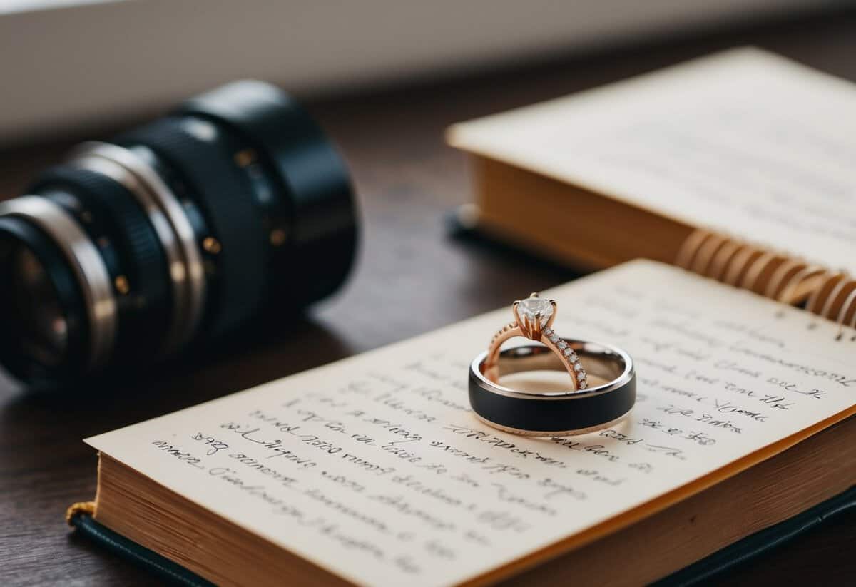 A ring placed on a book, next to a handwritten note