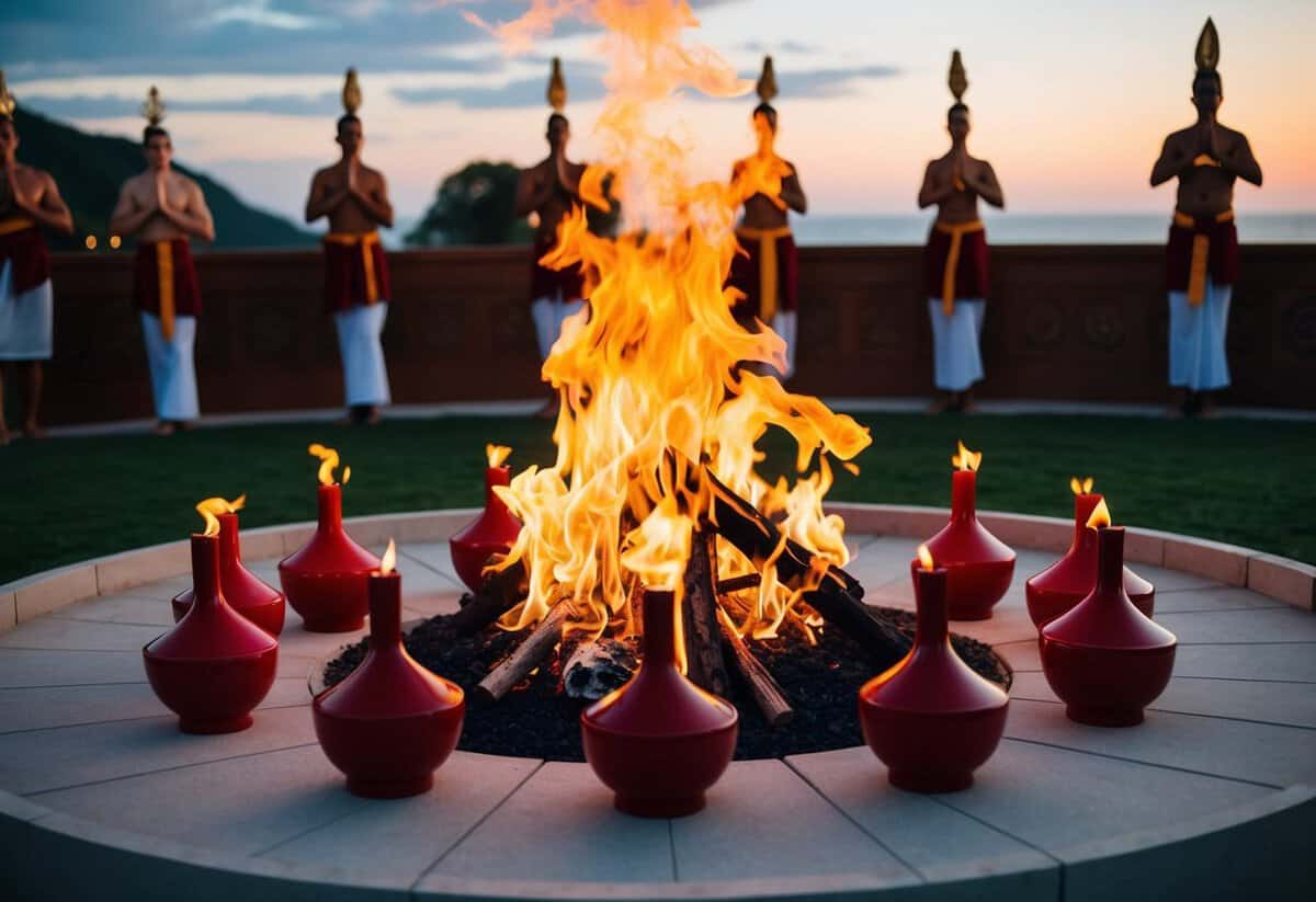 A ceremonial fire surrounded by seven symbolic objects representing the seven vows