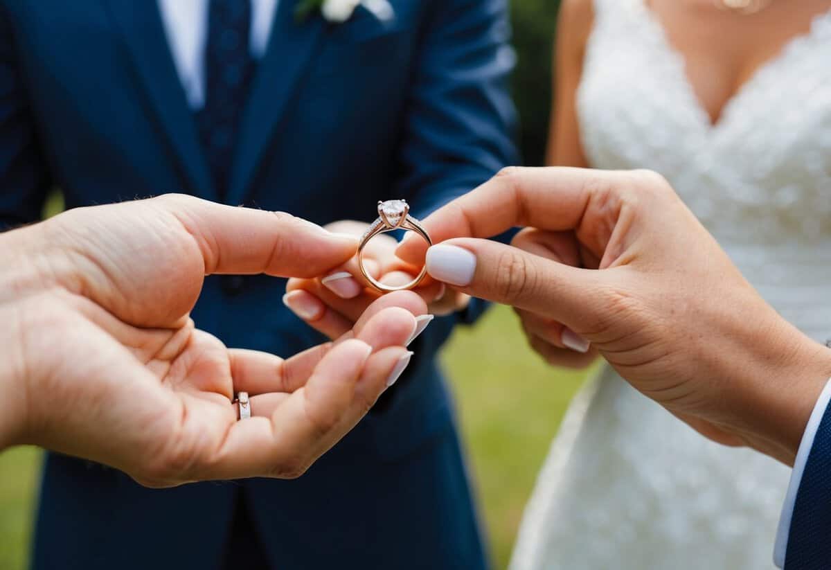 A ring being exchanged between two hands, while two people exchange spoken vows