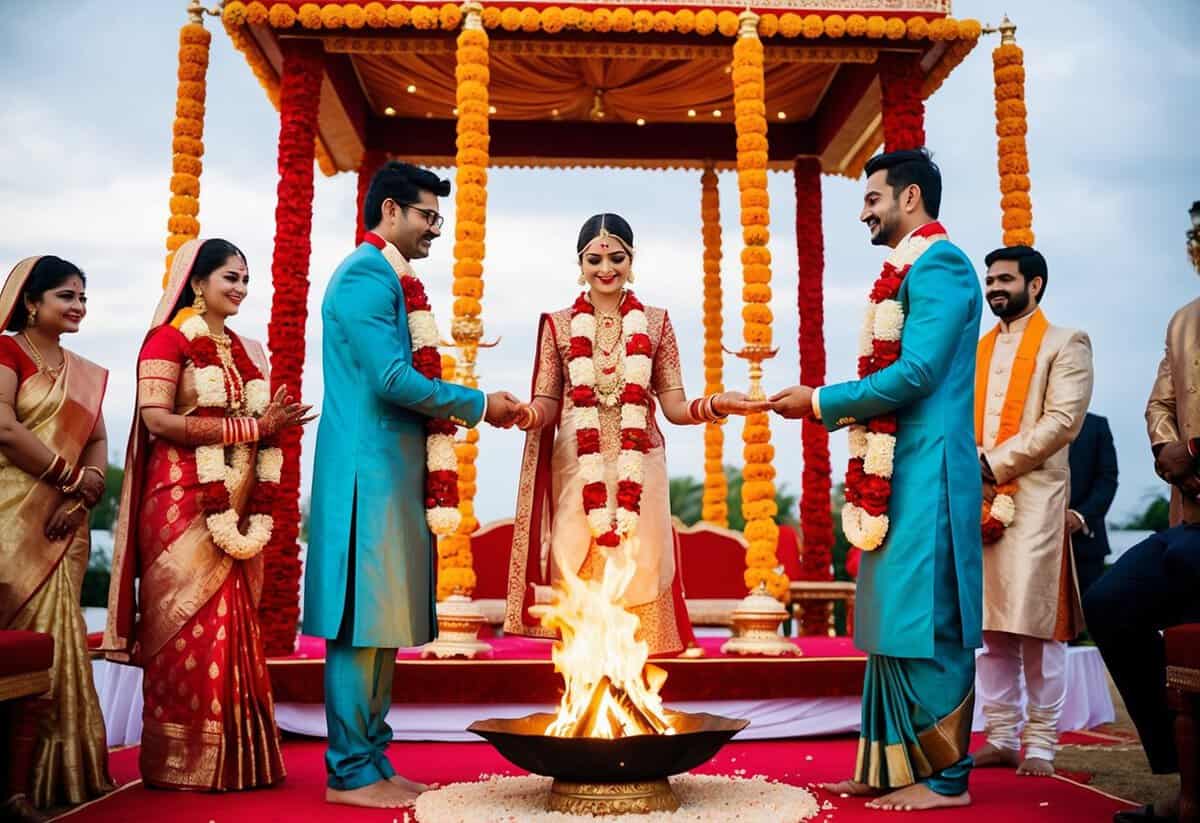 A bride and groom stand before a sacred fire, making seven vows and exchanging garlands in front of a traditional wedding mandap