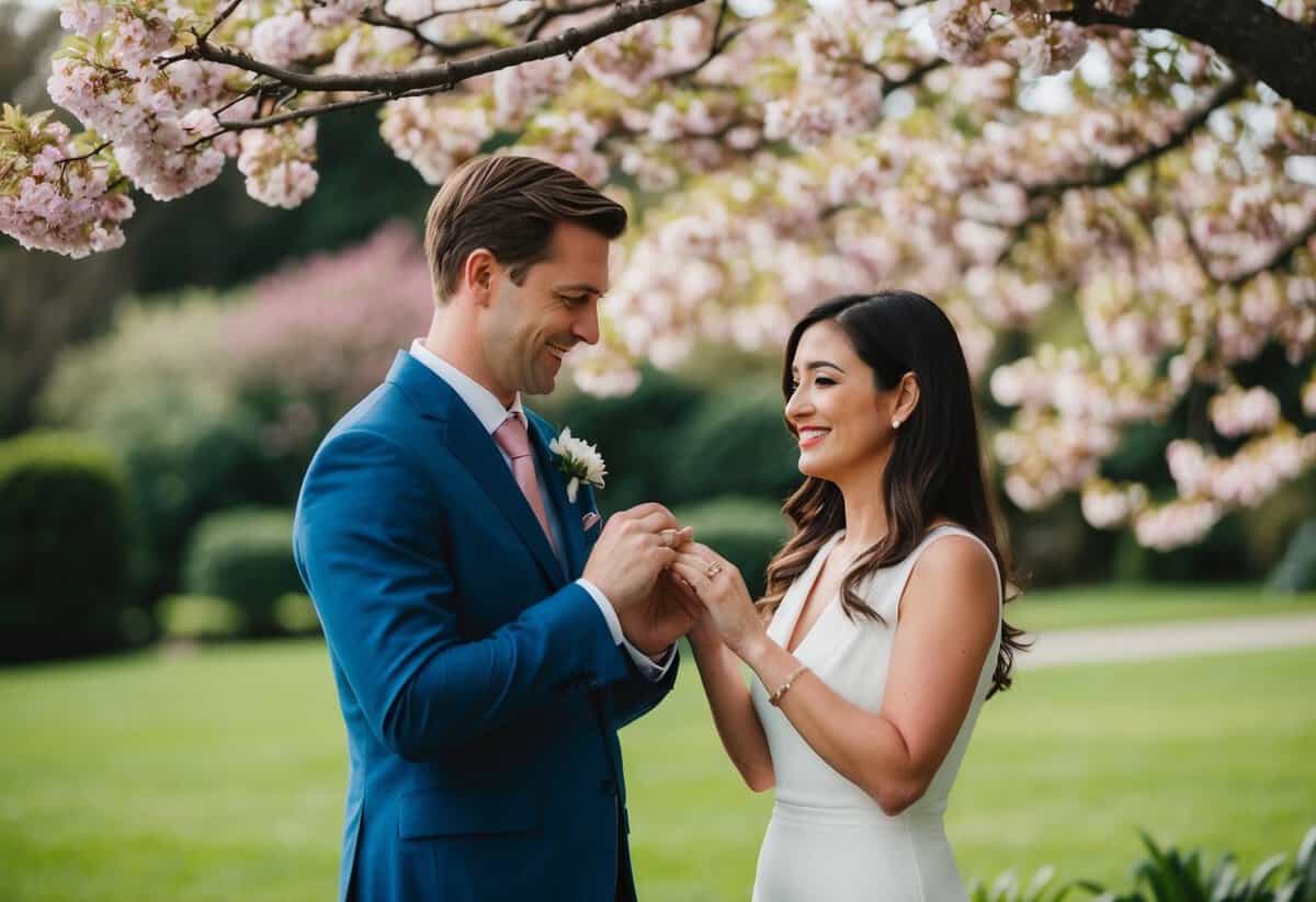 A couple exchanging rings under a blooming tree in a serene garden
