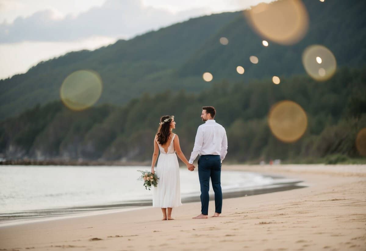 A couple standing alone on a secluded beach with a small bouquet of wildflowers and a single witness