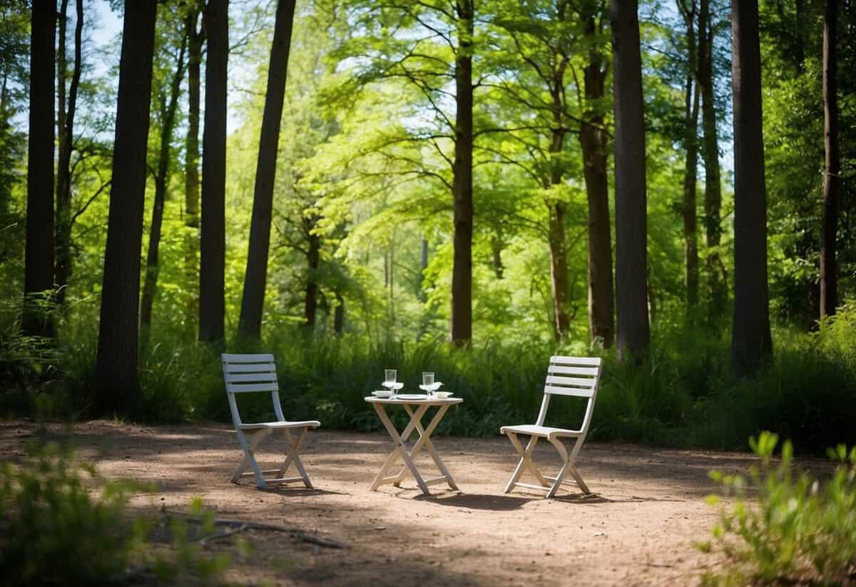A secluded forest clearing with two simple chairs and a small table set for two, surrounded by tall trees and dappled sunlight