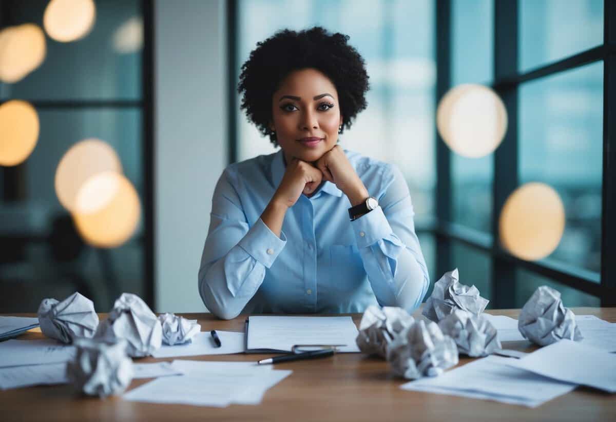 A person sitting at a desk surrounded by crumpled papers, a pen, and a thoughtful expression