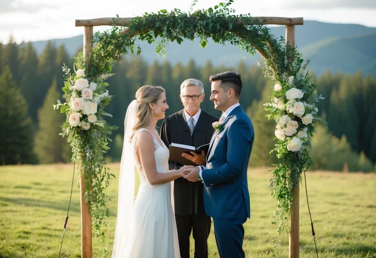 A secluded, intimate ceremony with just the couple and an officiant in a picturesque outdoor setting