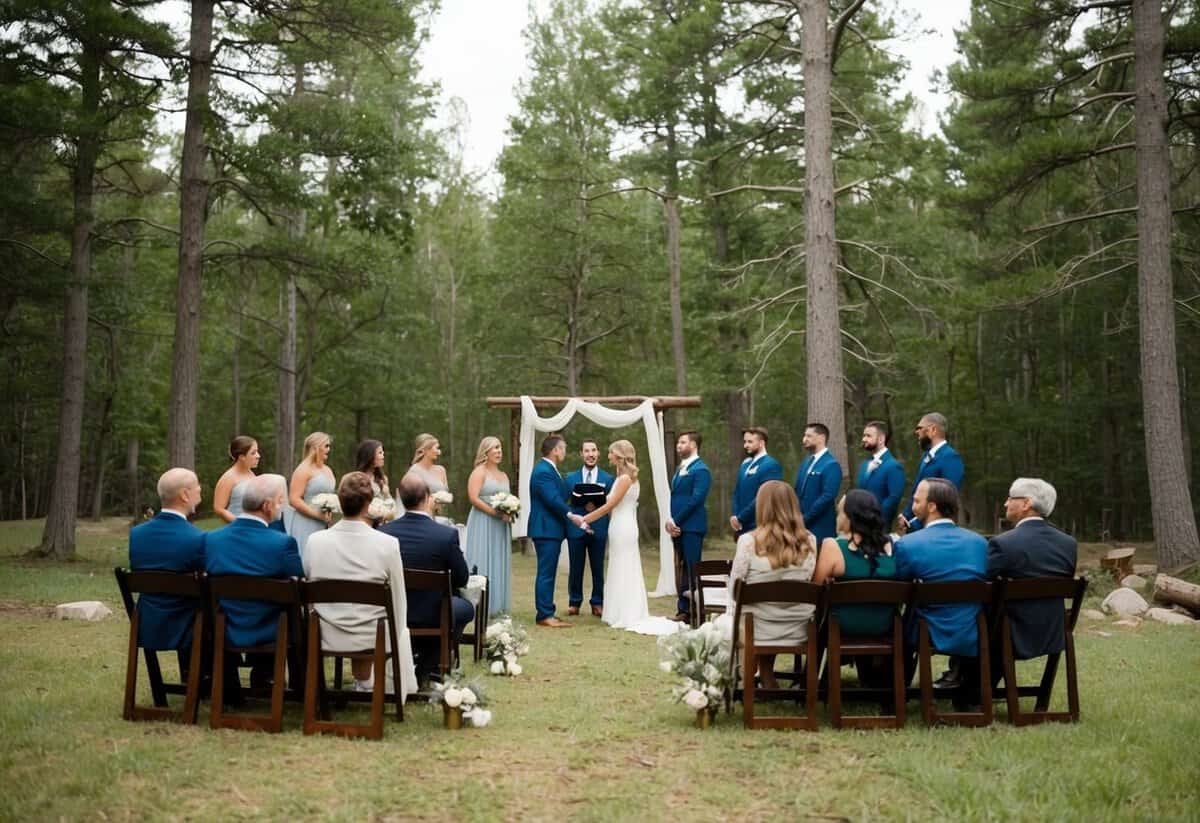 A small, intimate gathering in a secluded forest clearing, with a simple altar and a handful of chairs arranged for the eloping couple and a few close friends or family members