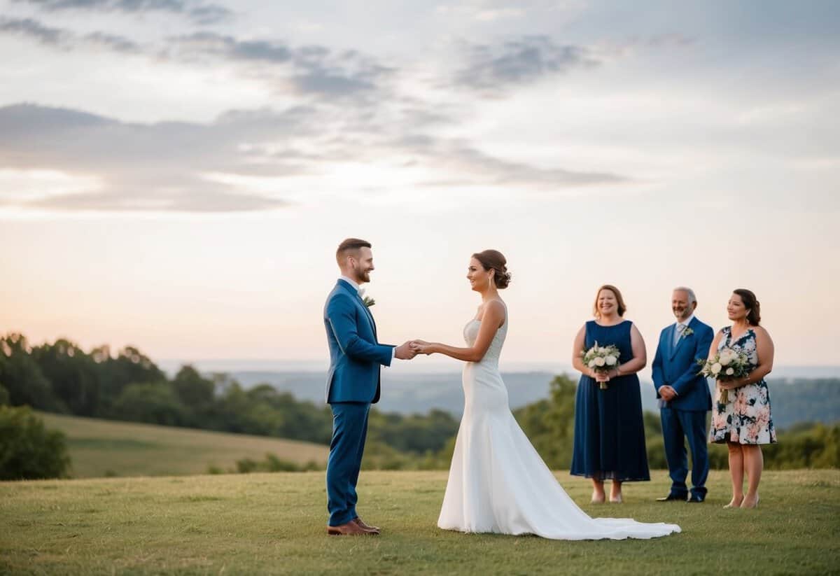 A couple standing alone in a scenic outdoor setting, exchanging vows with a small number of close friends or family members nearby