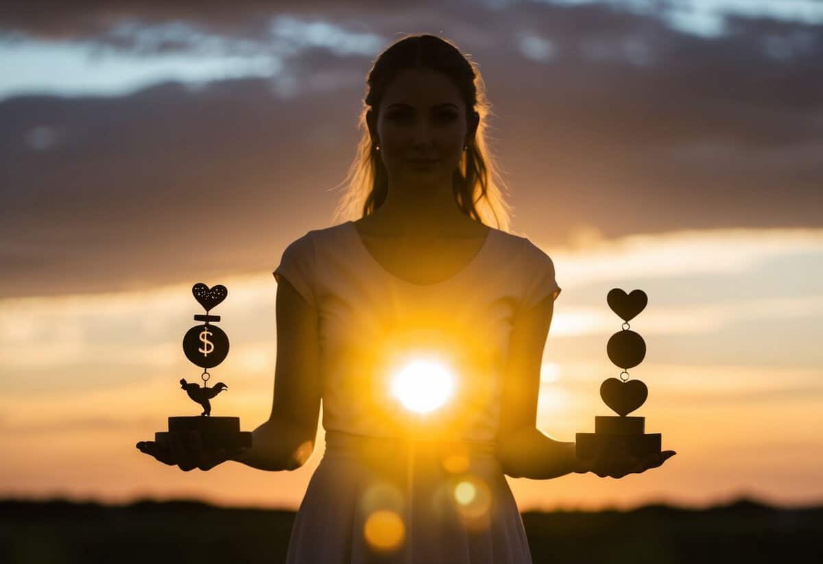 A woman's silhouette standing in front of a sunset, holding seven symbolic objects representing promises to her husband