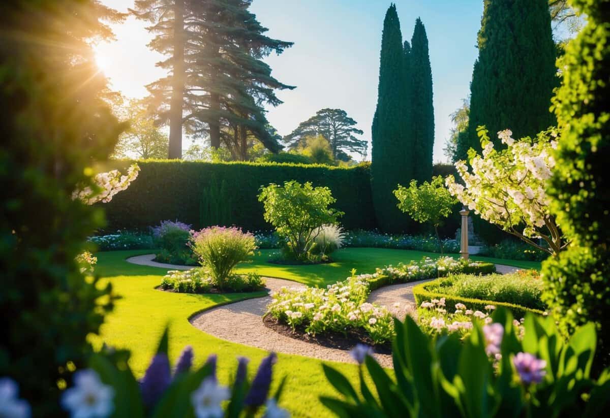 A serene, sunlit garden with a winding path and blooming flowers, framed by towering trees and a clear blue sky
