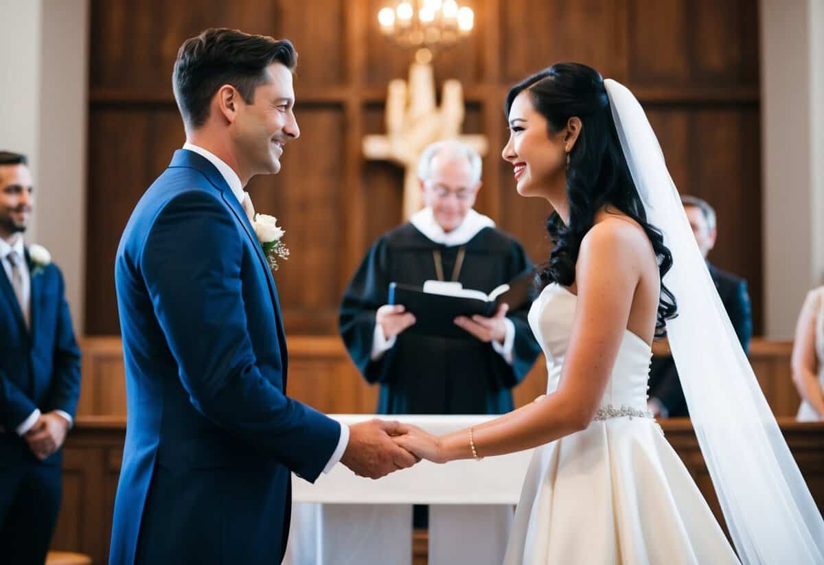 A couple standing at the altar, facing each other, with the officiant in the background. The couple holds hands and looks into each other's eyes, expressing their love and commitment through their body language
