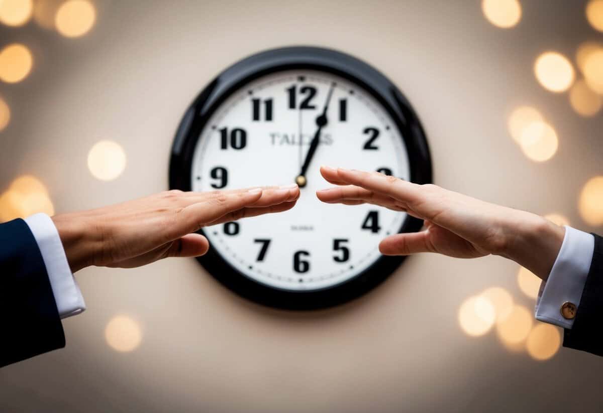 A couple's hands reaching towards each other, a clock in the background showing 2 minutes over the desired time for vows