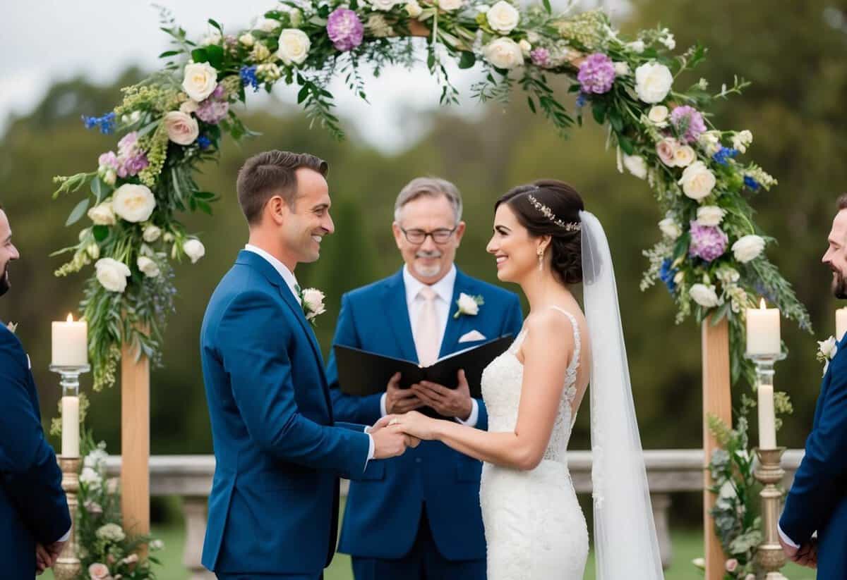 A bride and groom stand beneath a floral arch, exchanging vows. Traditional elements like candles and a unity ceremony blend with personalized touches like custom vows and meaningful symbols