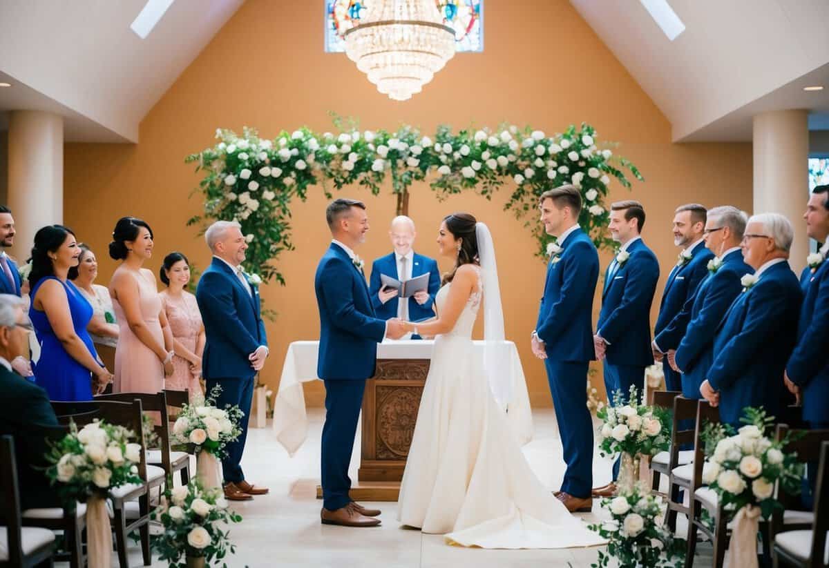 A couple standing at the altar, exchanging heartfelt vows with guests watching in a beautifully decorated ceremony space