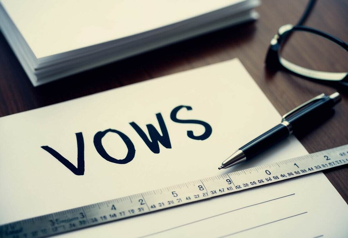 A table with a pen, paper, and a ruler. The paper has "vows" written at the top and the ruler is measuring the length