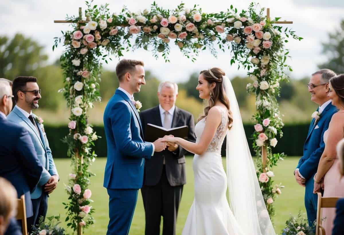 A bride and groom stand beneath a floral arch, exchanging vows in front of a small gathering of friends and family
