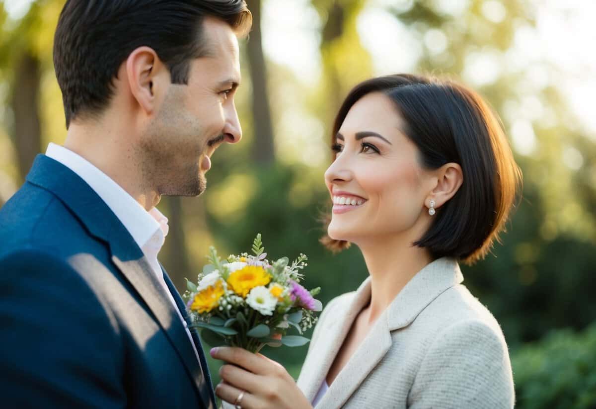 A woman holding a small bouquet of flowers, looking into her husband's eyes with a smile
