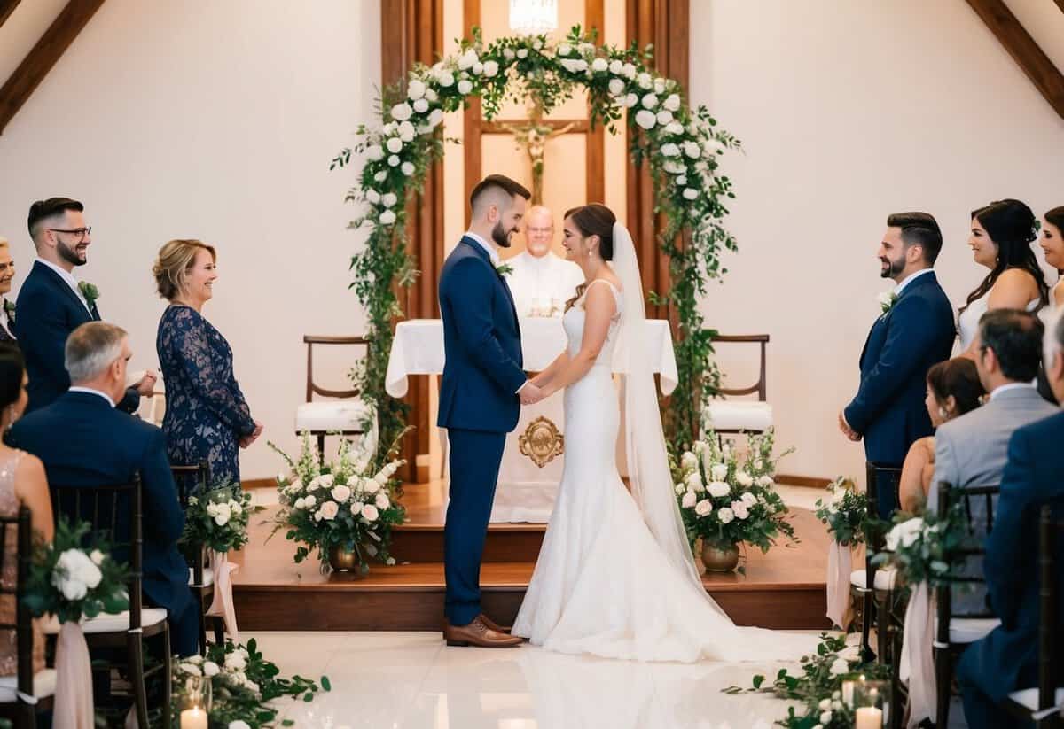 A couple stands at the altar, surrounded by personalized decor and a serene atmosphere, as they exchange vows in an intimate wedding ceremony