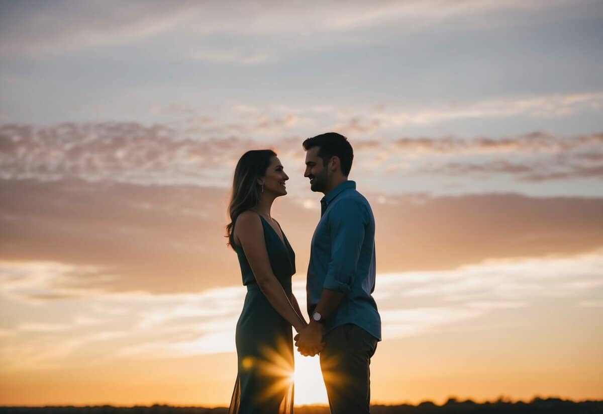 A couple standing in front of a sunset, holding hands and gazing into each other's eyes with a look of deep love and commitment