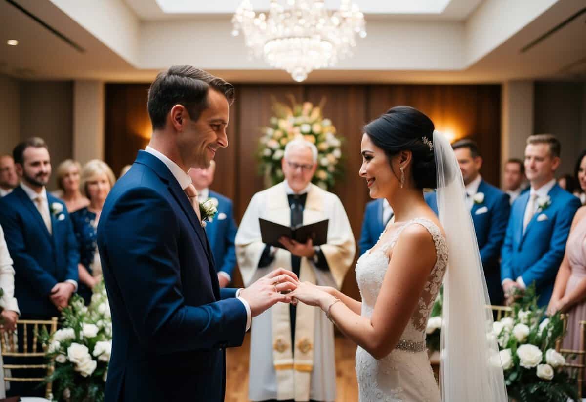 A couple stands before an officiant, exchanging vows and rings in a tastefully decorated wedding venue. The atmosphere is formal and ceremonial, with guests looking on respectfully