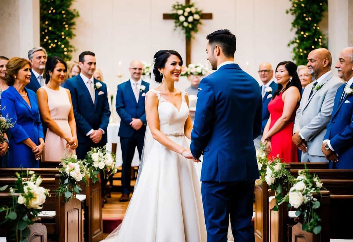 A bride and groom stand at the altar, surrounded by family and friends. The bride smiles as she prepares to say "I do" during the wedding ceremony