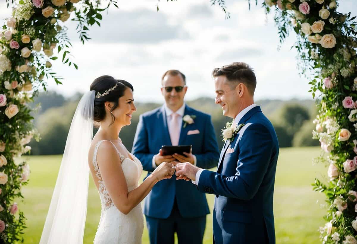 A bride and groom exchanging rings, standing beneath a floral archway