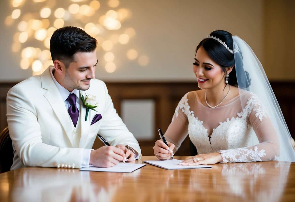 The bride and groom sit together at a table, each with a pen and paper, discussing and writing their vows