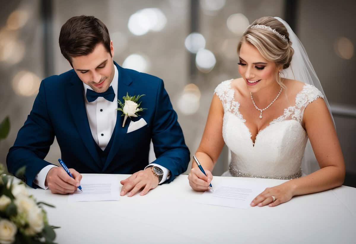 A bride and groom sit together at a table, each holding a pen and paper, as they collaborate on writing their vows