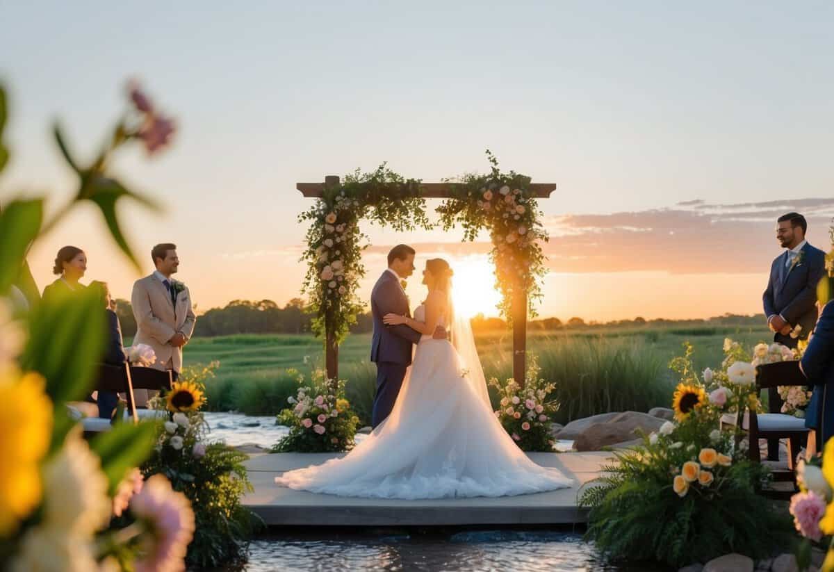 A serene outdoor wedding ceremony with a beautiful sunset, blooming flowers, and a softly flowing stream