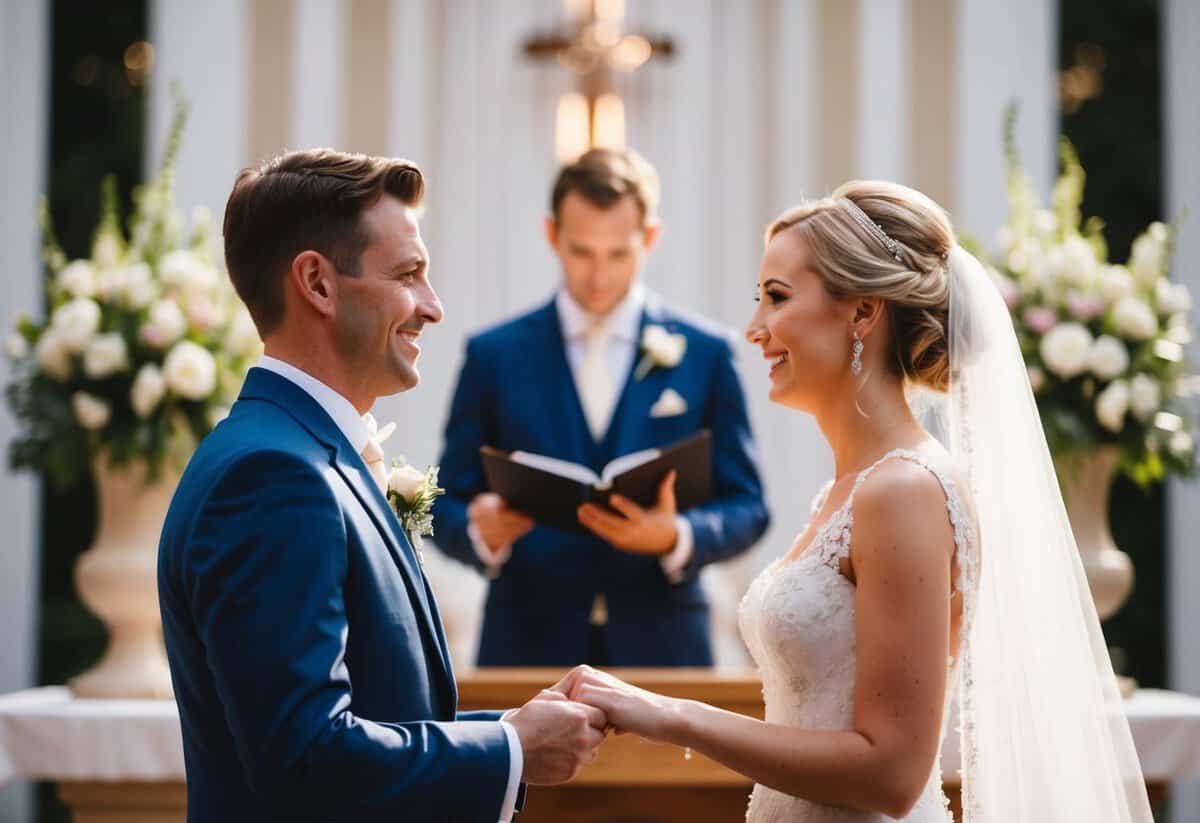 A bride and groom standing at the altar, facing each other with a serene and joyful expression as they exchange wedding vows