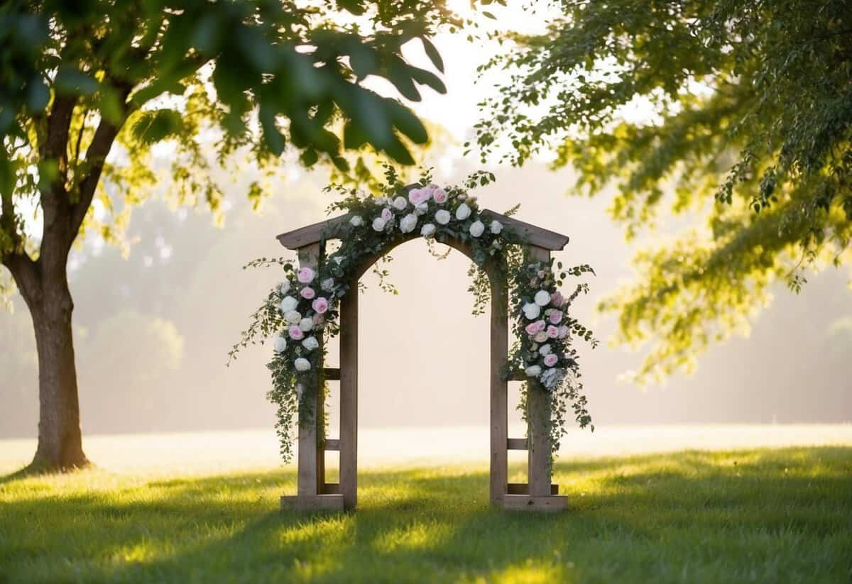A serene outdoor setting with a rustic wooden arch adorned with flowers, soft sunlight filtering through the trees, and a gentle breeze rustling the leaves
