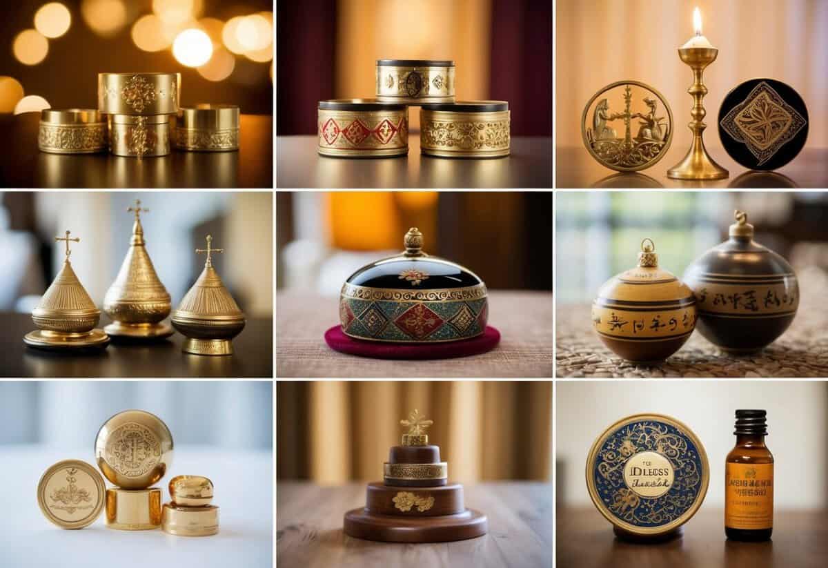 A diverse collection of symbolic objects representing different cultural and religious wedding vows