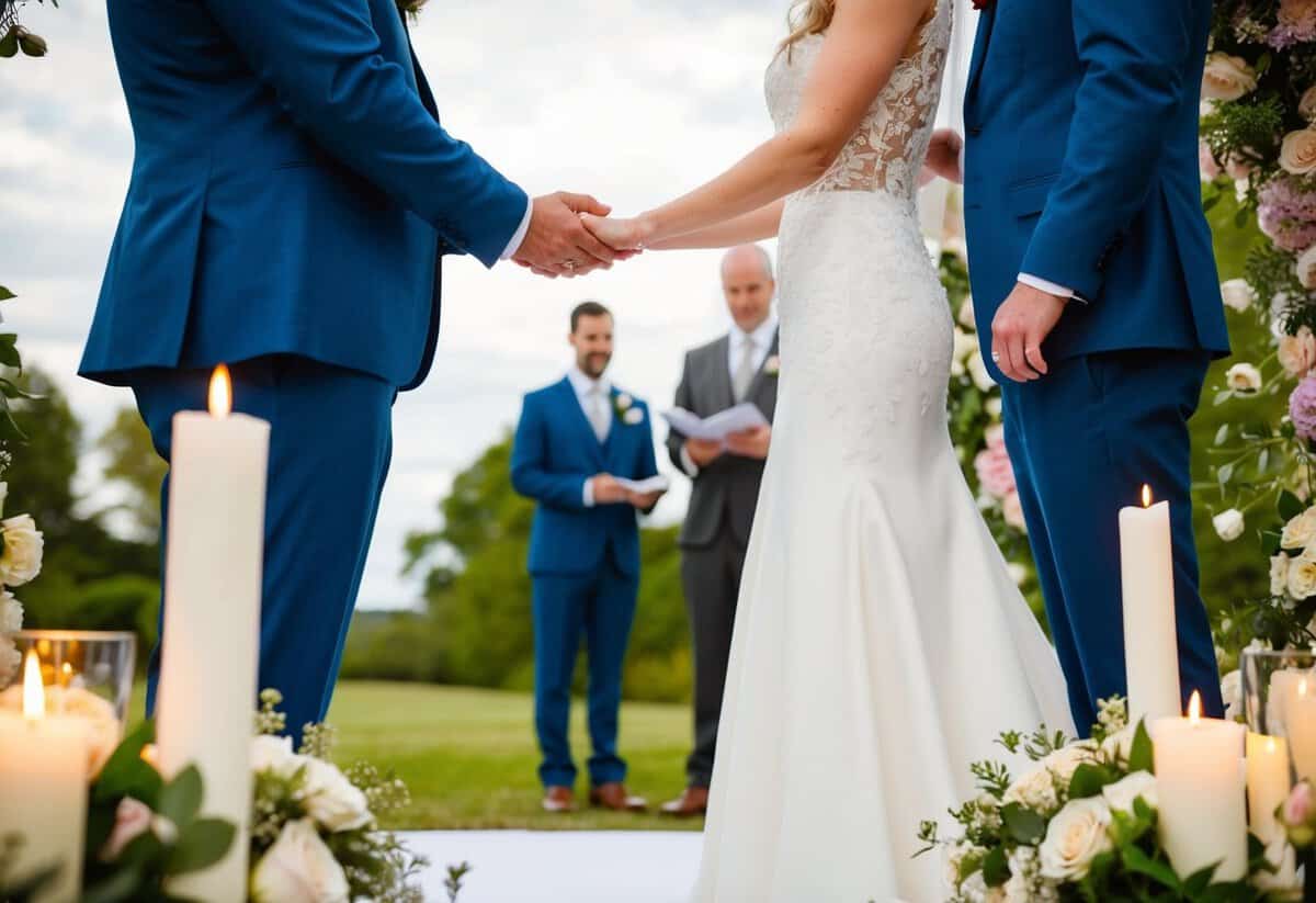 A groom and bride stand facing each other, surrounded by flowers and candles, as they exchange wedding vows