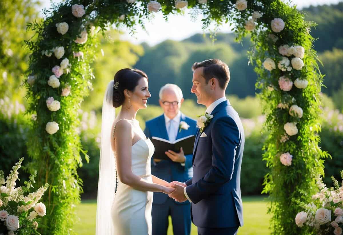 A couple stands facing each other, surrounded by lush greenery and blooming flowers. The soft sunlight bathes the scene as they exchange their heartfelt wedding vows