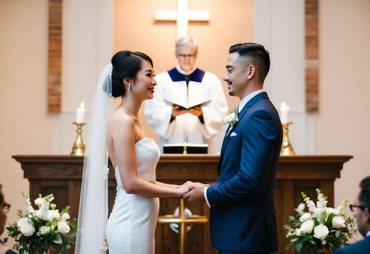 A couple standing at the altar, facing each other, with an officiant in the background. The couple is exchanging vows with a serene and loving expression on their faces