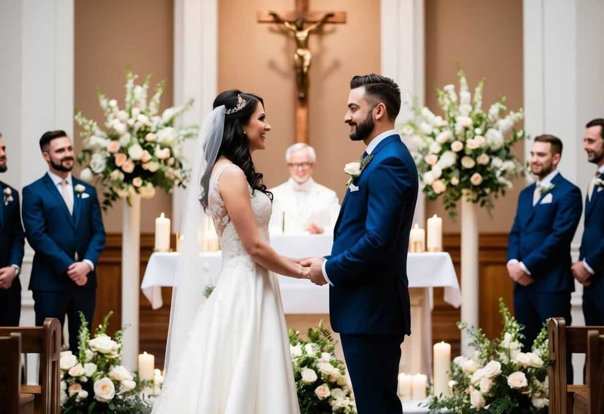 A bride and groom stand facing each other at the altar, surrounded by flowers and candles, as they exchange meaningful words