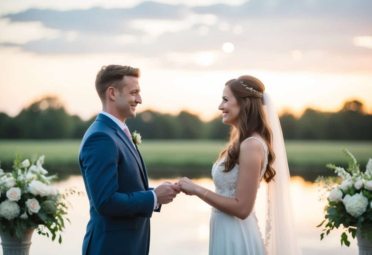 A couple standing facing each other, exchanging vows with a serene and romantic backdrop