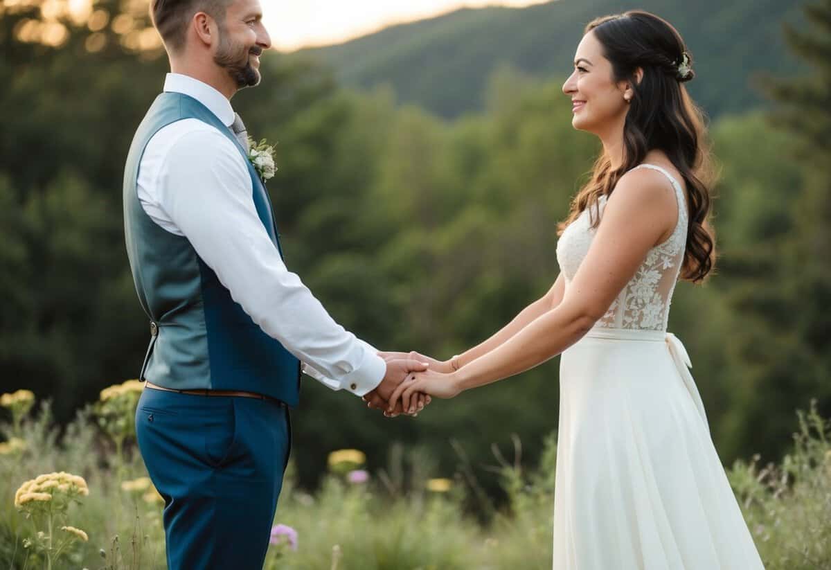 A couple stands facing each other, surrounded by nature. They hold hands and exchange heartfelt vows, speaking with love and sincerity