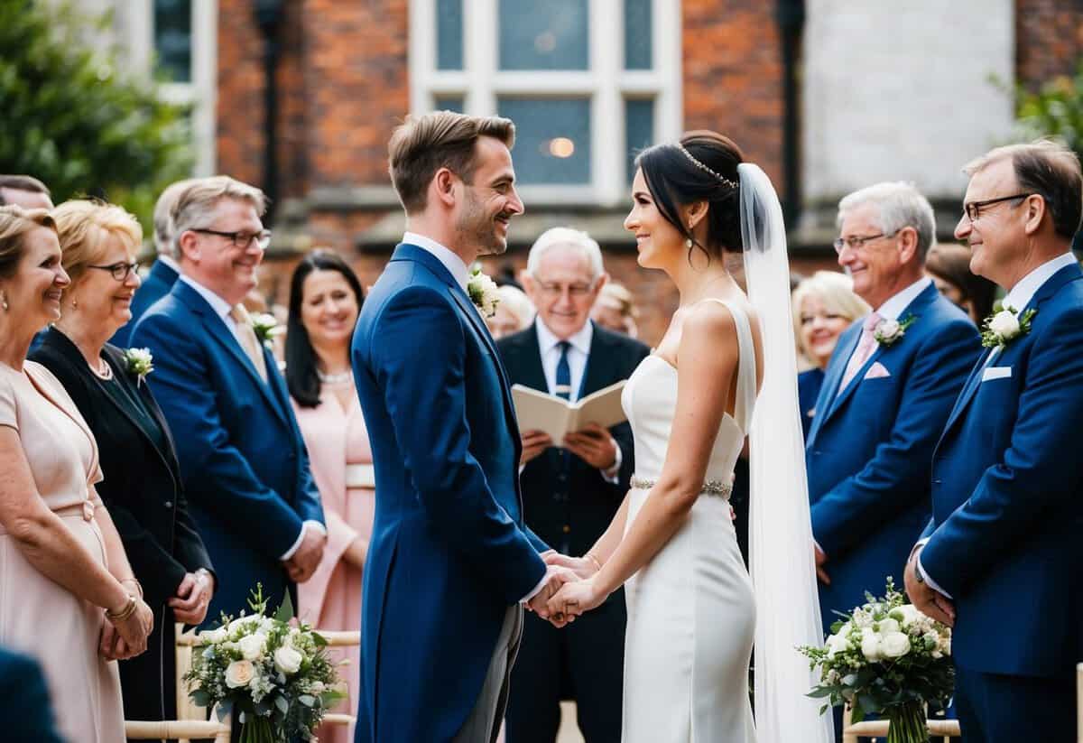 A couple stands facing each other, surrounded by friends and family, exchanging vows at a wedding ceremony in the UK