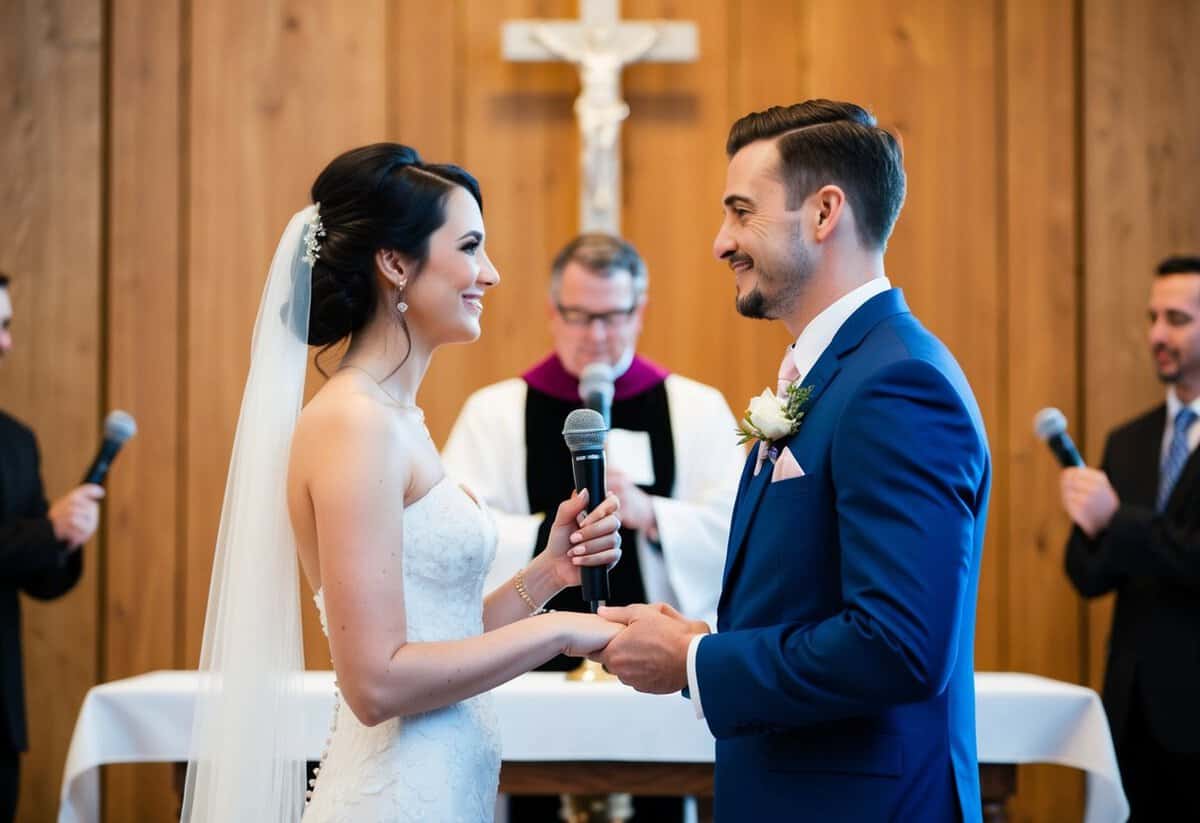 A couple standing at the altar, facing each other with the officiant in the background. The bride holds a microphone while the groom looks at her lovingly