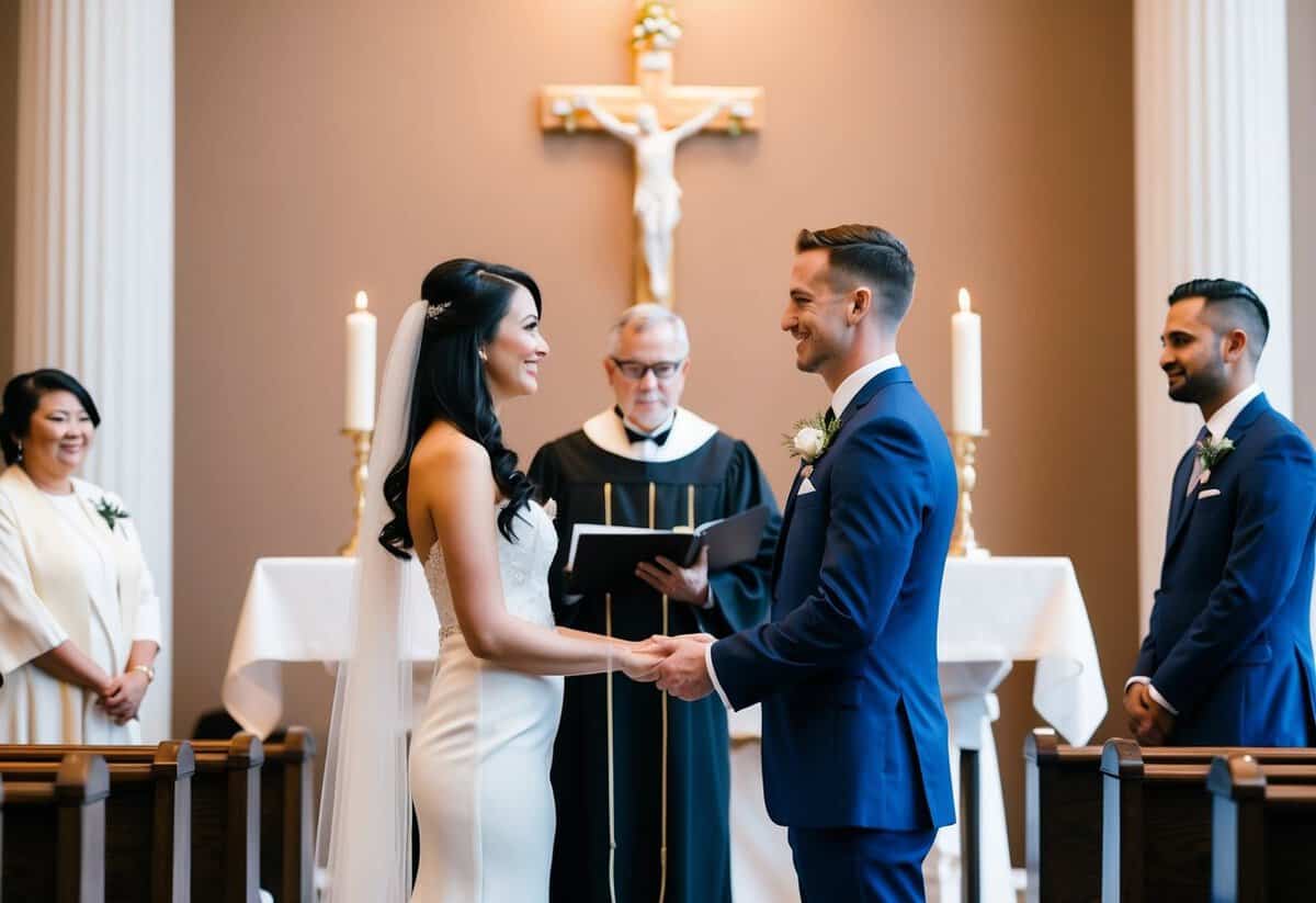 A couple standing at the altar, facing each other, with an officiant presiding over the ceremony